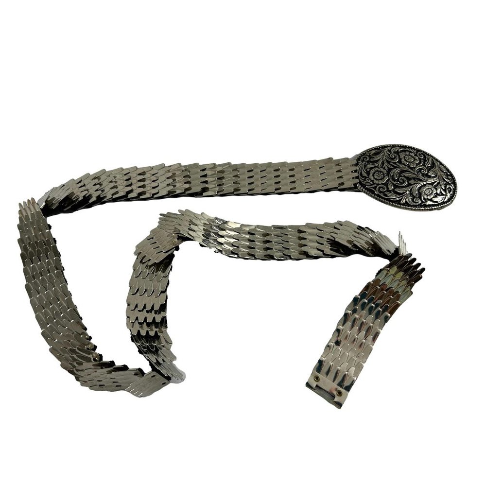 Vintage Metal Silver Tone Elastic Stretch Belt Layered Textured Unbranded